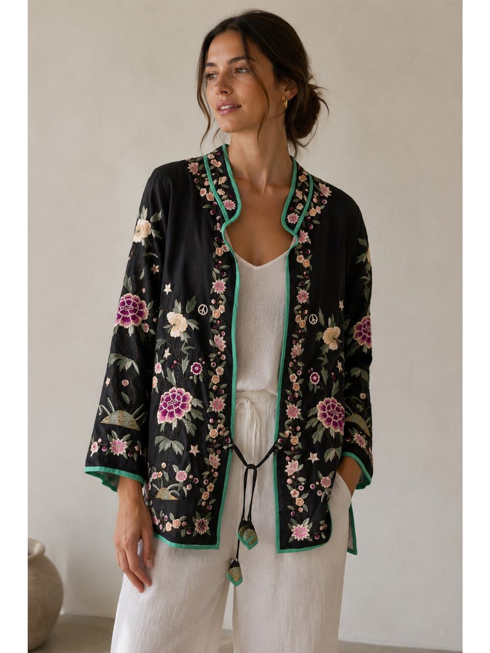 Scotch & Soda Embroidered Kimono Jacket Black Womens 2 Boho Whimsical